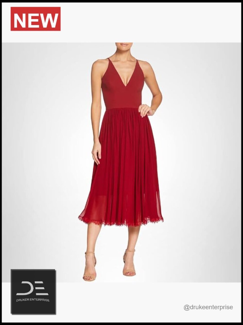 Plunging V-Neck Fit and Flare Midi Dress with Lace Hem